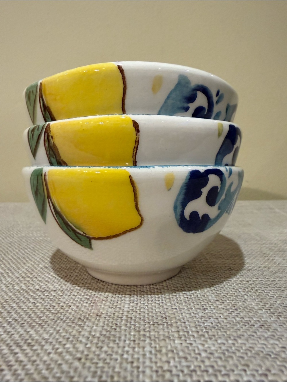Papart Seramik Turkey Hand Painted Lemon Blue Scroll Bowls Set of 3